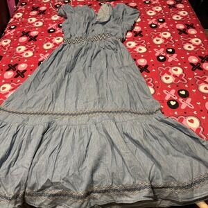 Indigo & Lace Chambray Dress Peasant  Western Embroidered Womens Petite Small